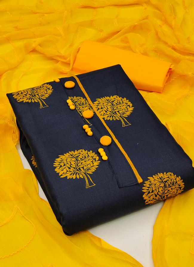 Slub Cotton Navy Blue Casual Wear Printed Dress Material